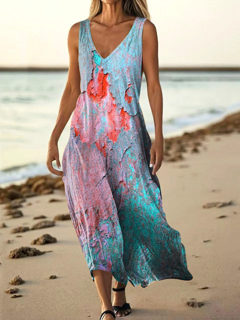 Women's Ethnic Texture Art Print V Neck Sleeveless Pocket Cotton Dress