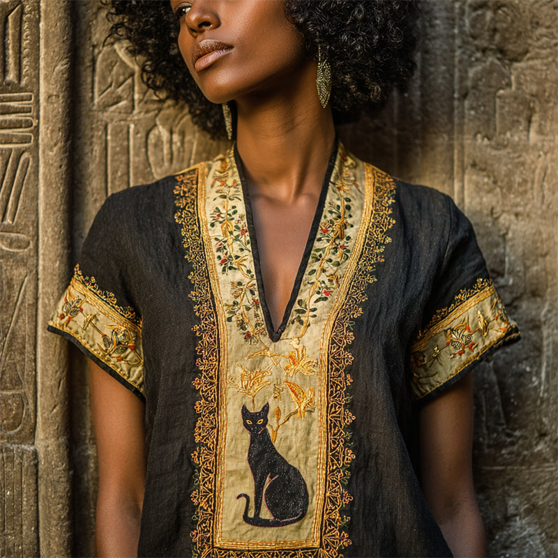 Ancient Egyptian Cat Floral Embroidered Linen Shirt elevenforest