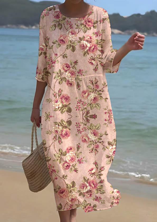 Women's Elegant Rose Floral Print Crew Neck Dress