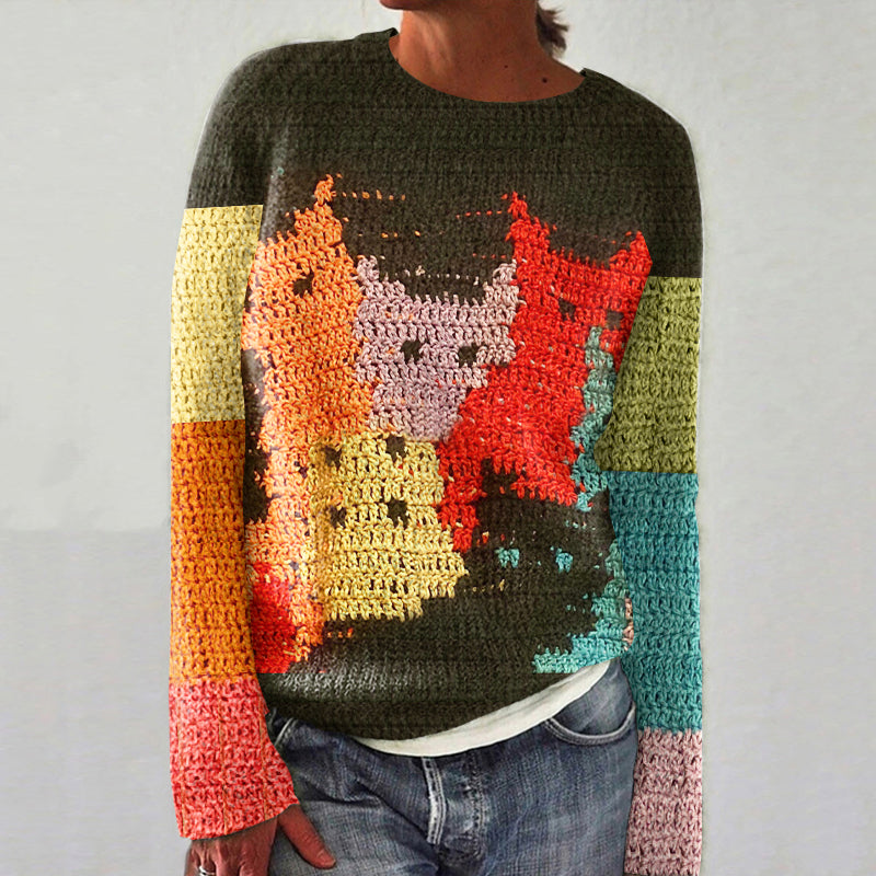 Cat Art Print Knitted Pullover Sweater elevenforest