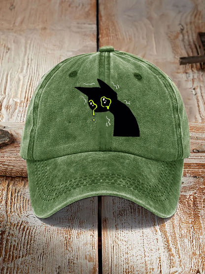 Japanese Art Black Cat Print Washed Hat elevenforest