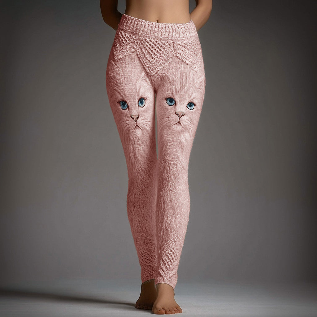 Comstylish Cute Cat Face Embroidered Cozy Knit Leggings