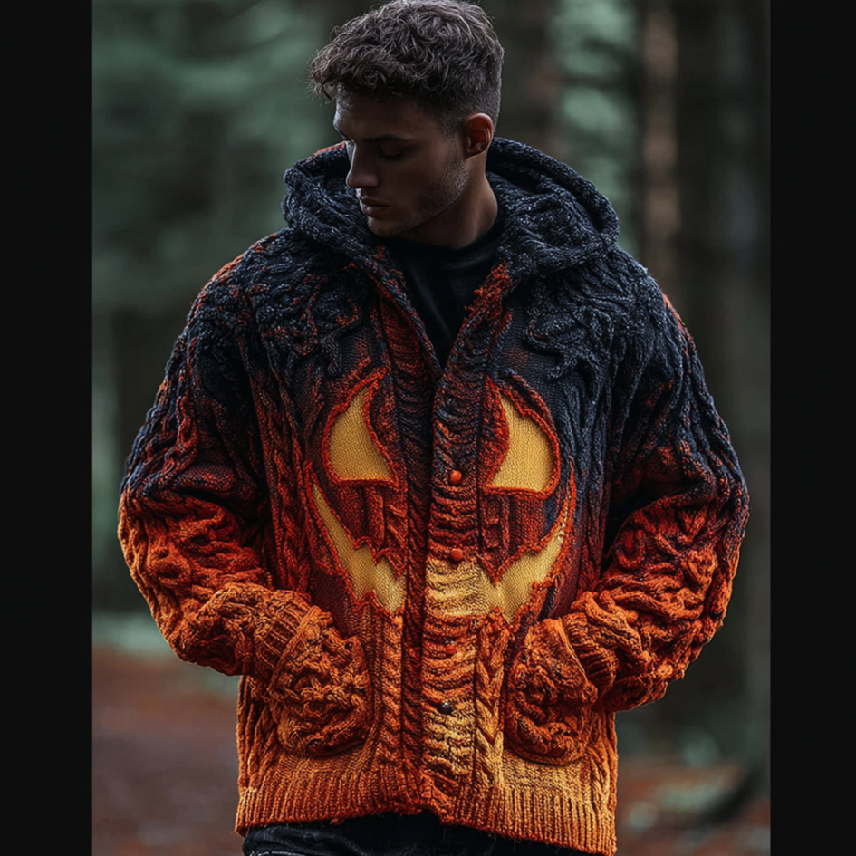 Halloween Pumpkin Element Gradient Color Men's Hooded Knit Sweater Jacket artswardrobe