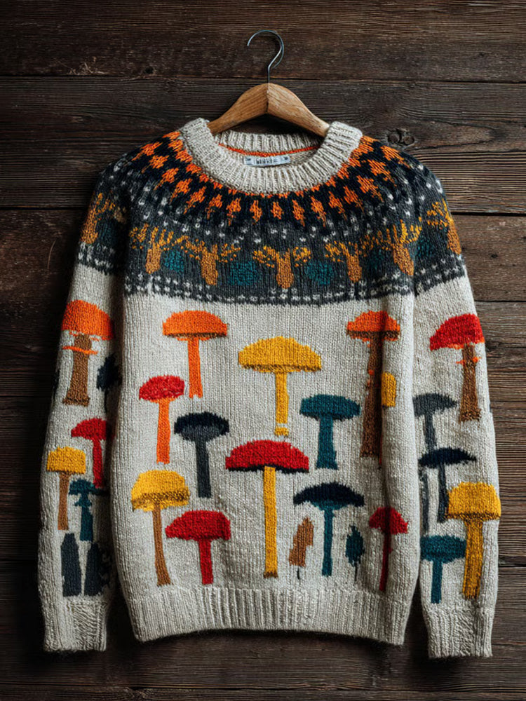 Women's Retro Mushroom Print Crew Neck Sweater artswardrobe