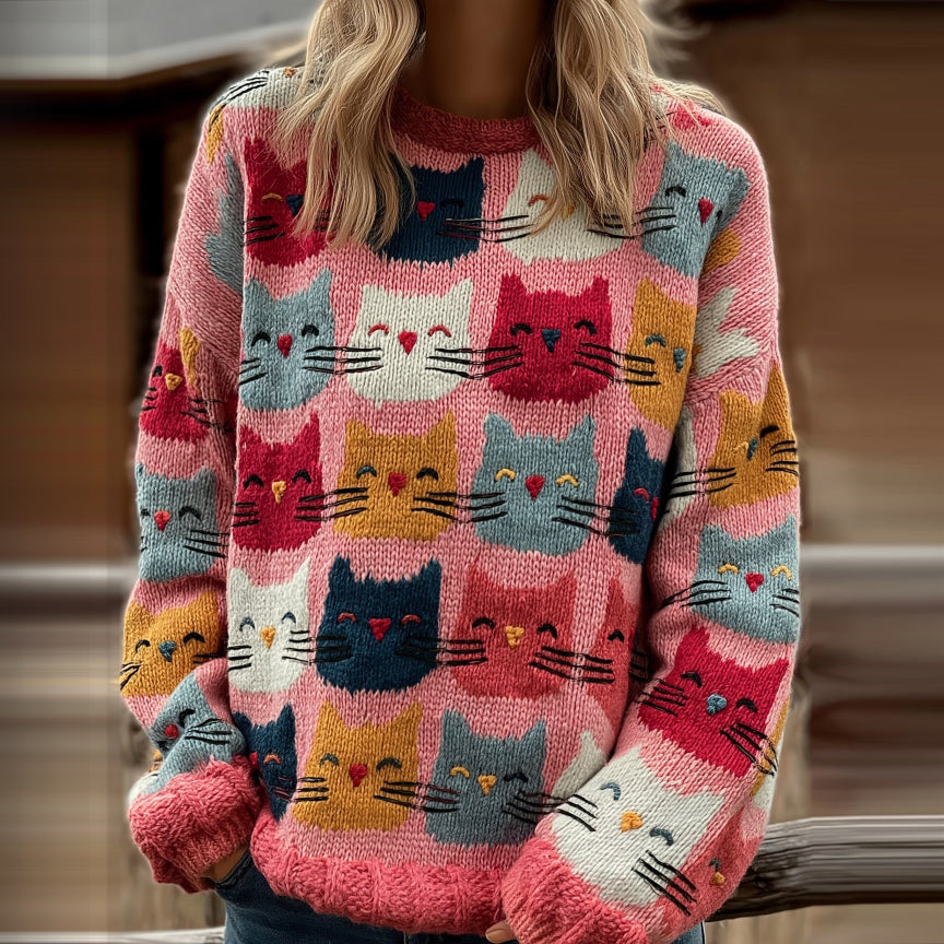 Women's Colorful Cats Pattern Art Cozy  Knit Sweater elevenforest