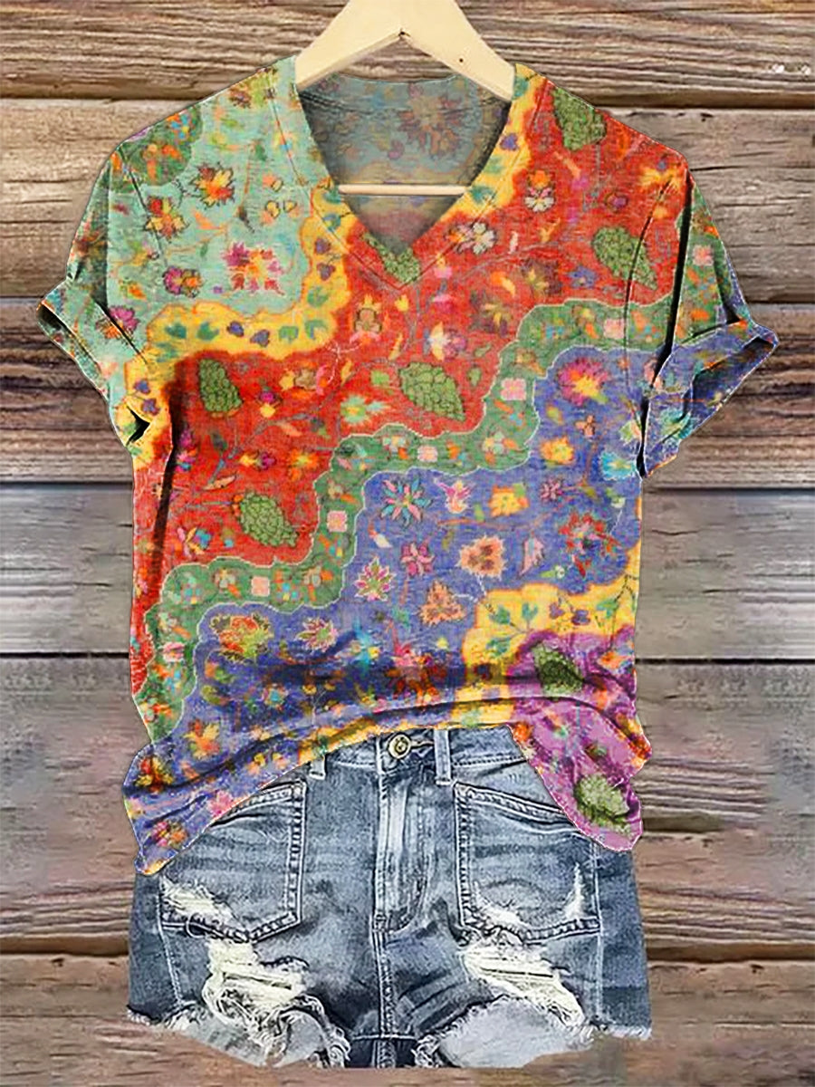 Women's Colorful Boho Floral Collage Art Print V-neck Casual T-Shirt