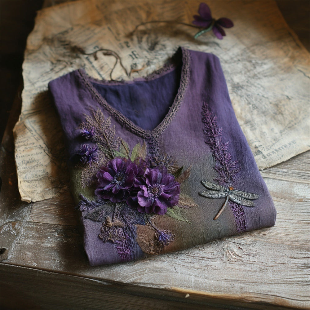 Vintage Boho Dragonfly Floral Embroidery Women's V-neck Linen T-shirt artswardrobe