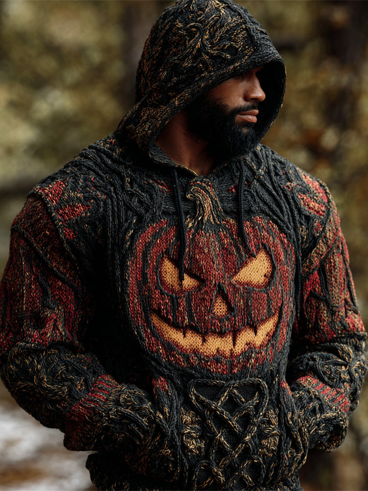 Halloween Pumpkin Lights Men's Chunky Knit Hooded Sweater artswardrobe