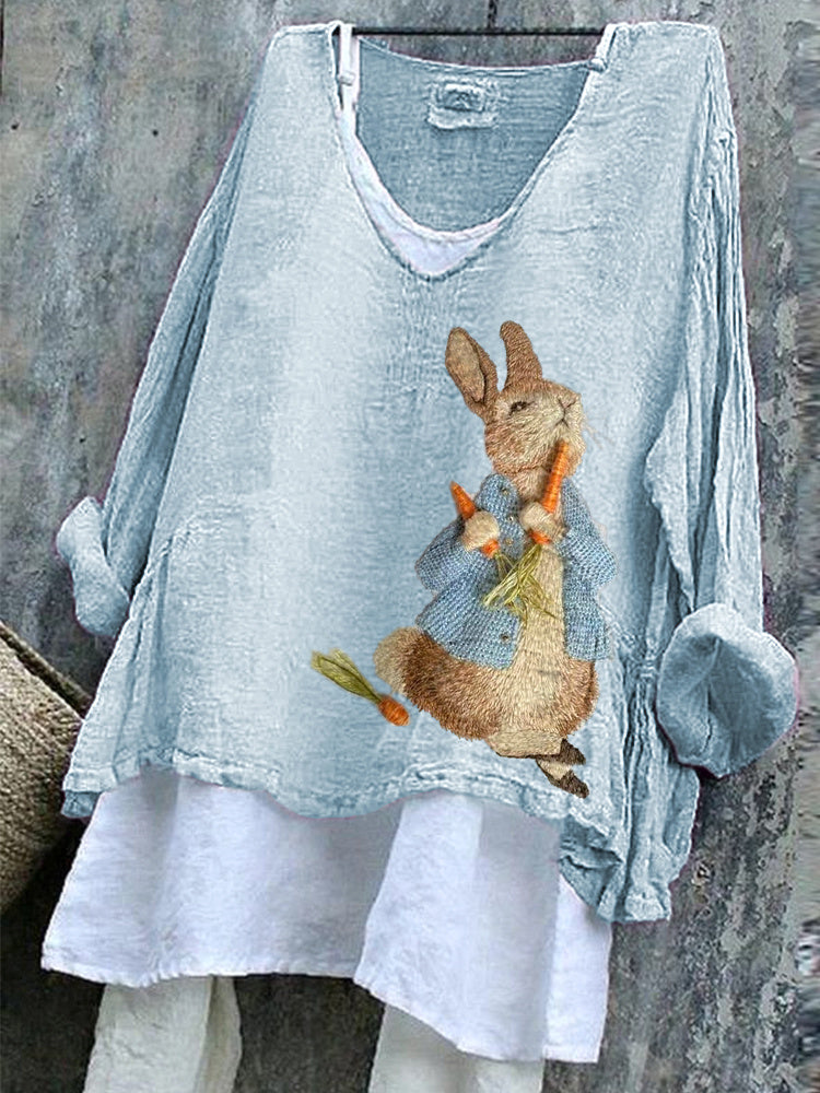 Comstylish Cute Bunny Embroidery Pattern Cozy Linen Shirt