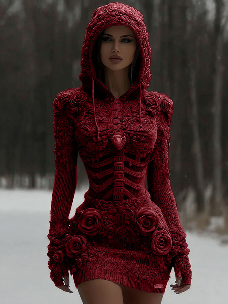 Women's Vintage White Rose And Skull Patchwork Knit Hooded Sweater artswardrobe