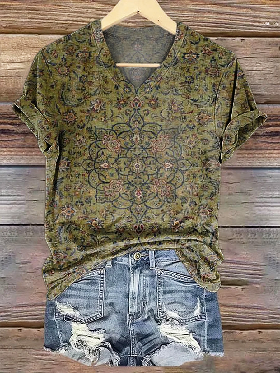 Women's Retro Ethnic Totem Print V-neck Casual T-Shirt