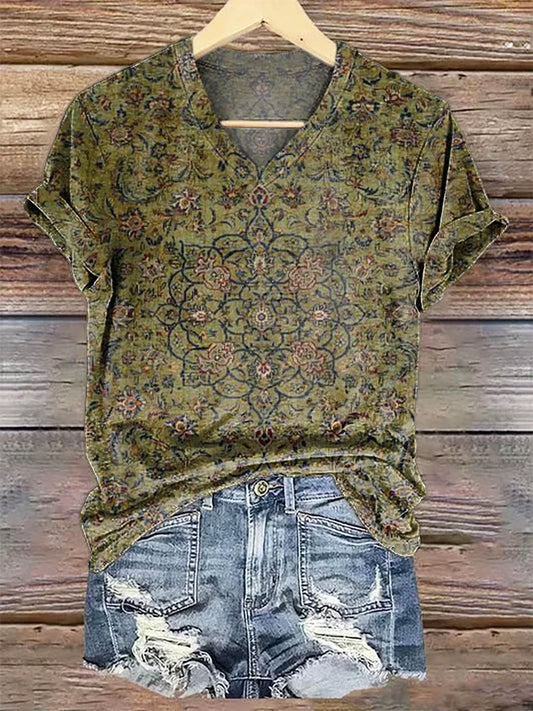 Women's Retro Ethnic Totem Print V-neck Casual T-Shirt