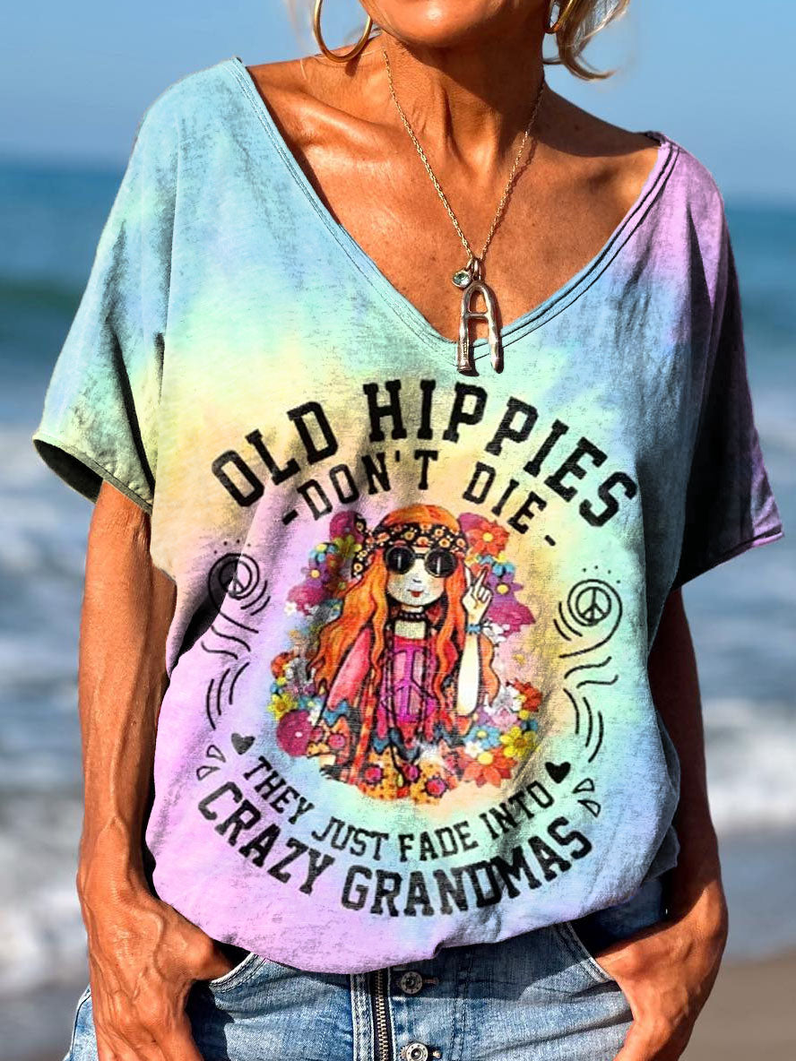 Women's Old Hippies Don't Die Print V Neck T-Shirt