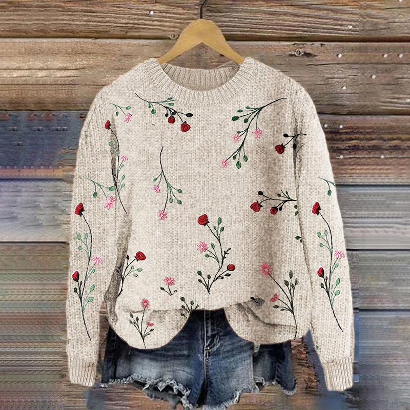 Vintage Floral Art Crew Neck Casual Long Sleeve Sweater artswardrobe