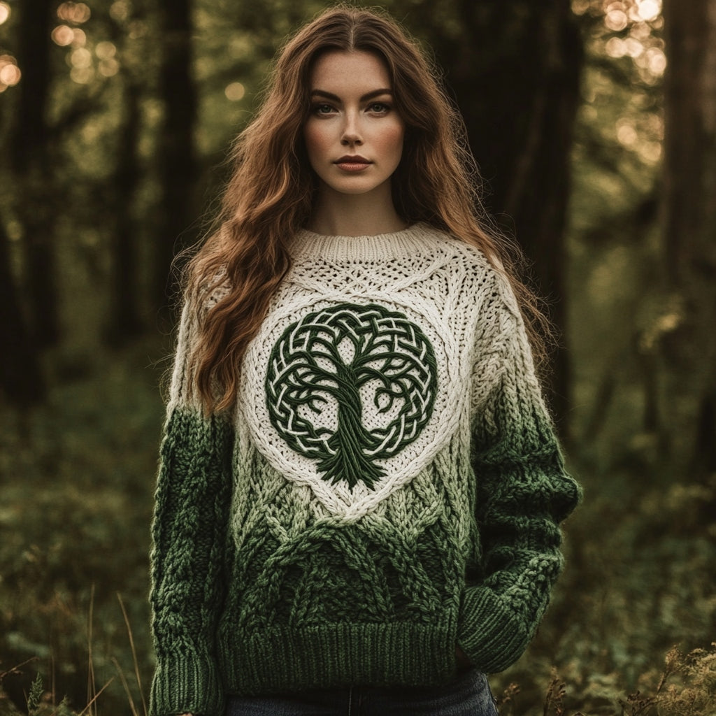 Women's Celtic Tree Of Life Jacquard Ombre Crew Neck Sweater elevenforest