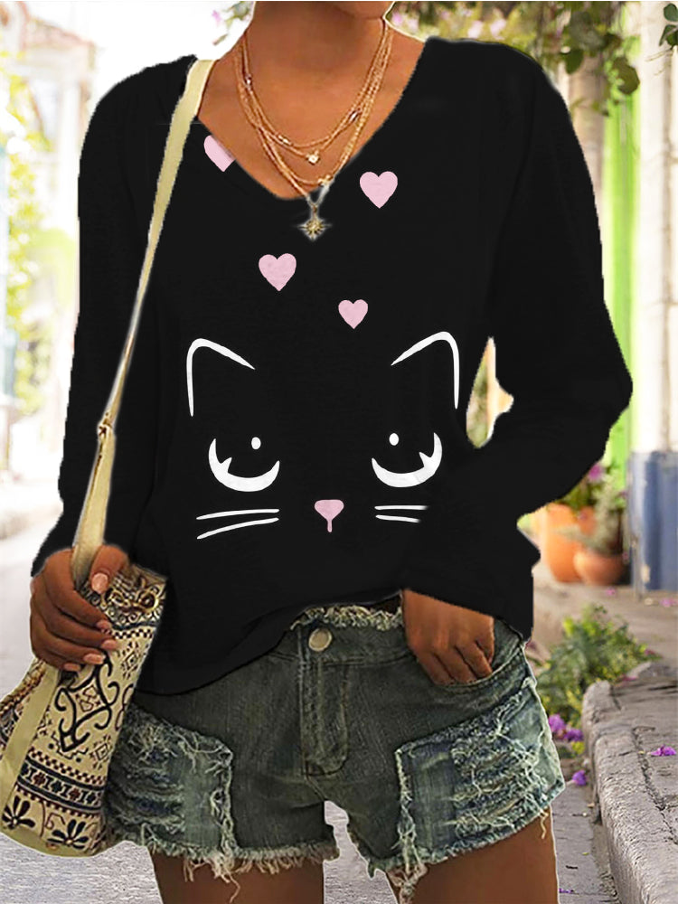 Cute Cat Face Print Long Sleeve Casual T-Shirt elevenforest