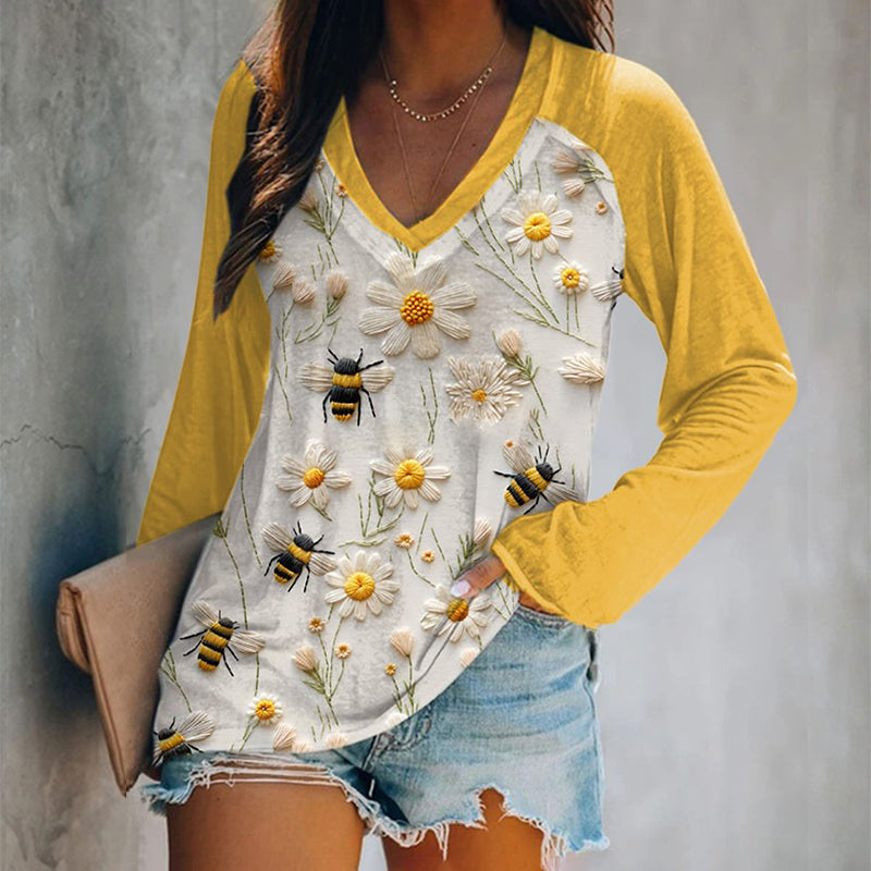 Daisy Bee Embroidery Art Print V-Neck T-Shirt artswardrobe