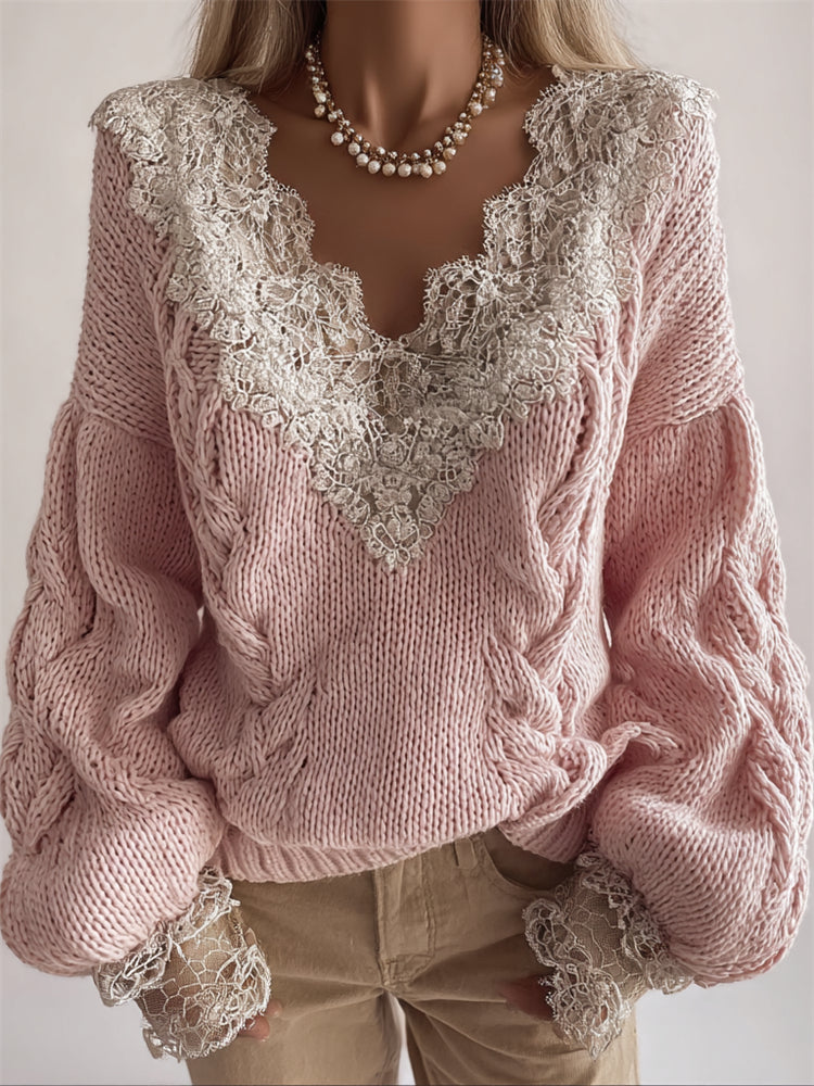 Vintage Lace Patchwork V Neck Cozy Cable Knit Sweater elevenforest