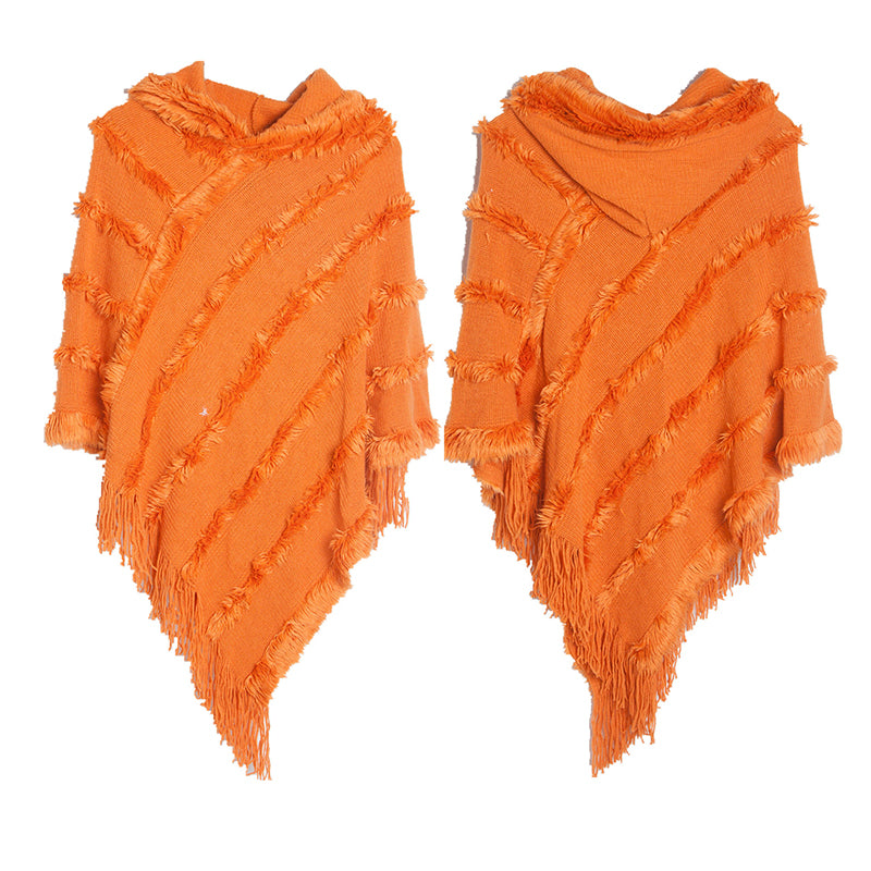 Vintage Solid Fringed Hooded Sweater Pullover Shawl elevenforest