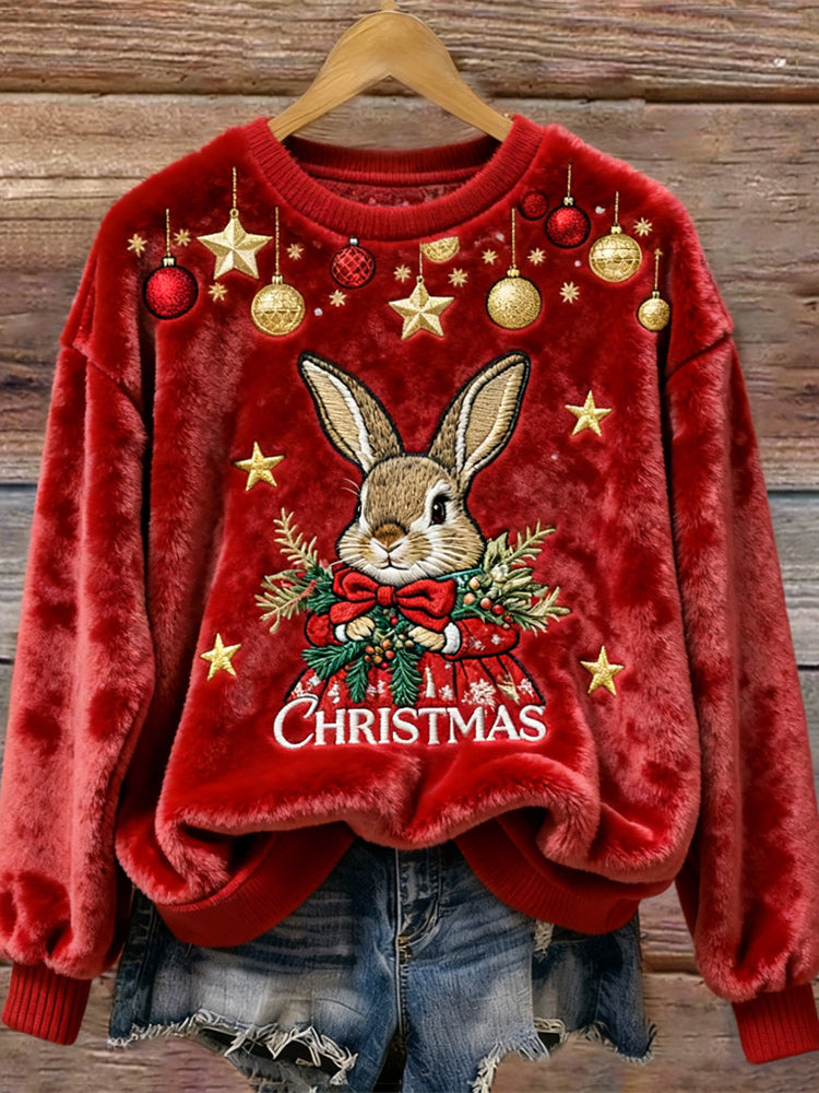 Comstylish Merry Christmas Bunny Design Women's Flannel Sweatshirt