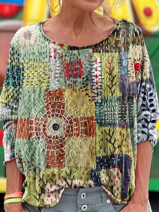 Women's Vintage Ethnic Patchwork Art Print Casual Long Sleeve Top