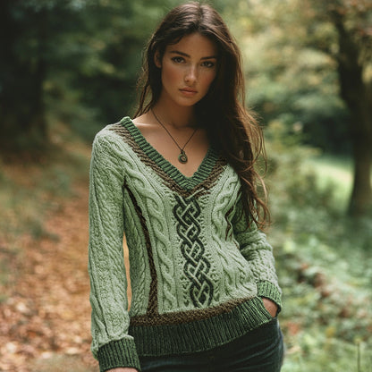 Vintage V-neck Knitted Two-tone Jacquard Irish Aran Sweater artswardrobe