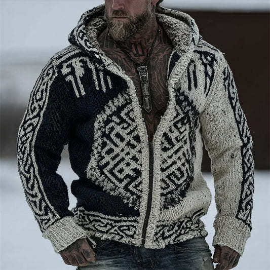 Men's Viking Celtic Knot Runes Contrast Full Zip Hooded Cardigan artswardrobe