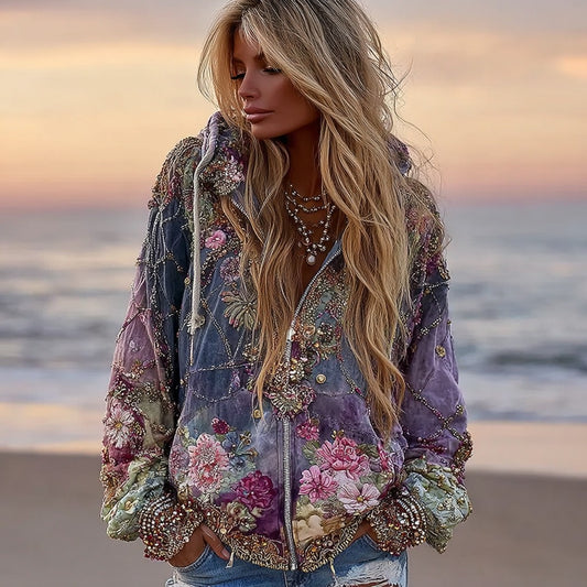 Comstylish Women's Bohemian Geometric Floral Gradient Zip-up Hoodie
