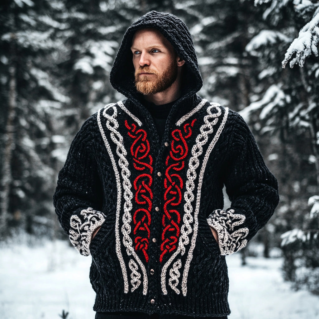 Men's Viking Celtic Knot Jacquard Contrast Hooded Button Sweater artswardrobe