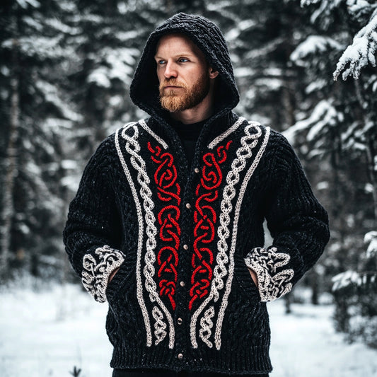 Men's Viking Celtic Knot Jacquard Contrast Hooded Button Sweater artswardrobe