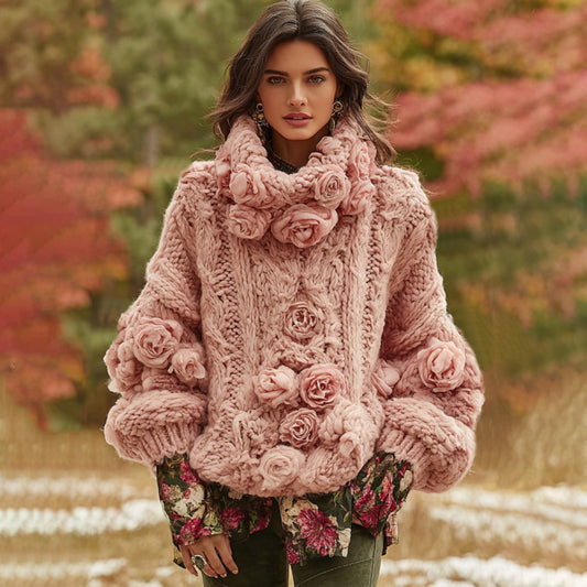 Women's Vintage Rose Art Knit Cozy High Neck Sweater artswardrobe