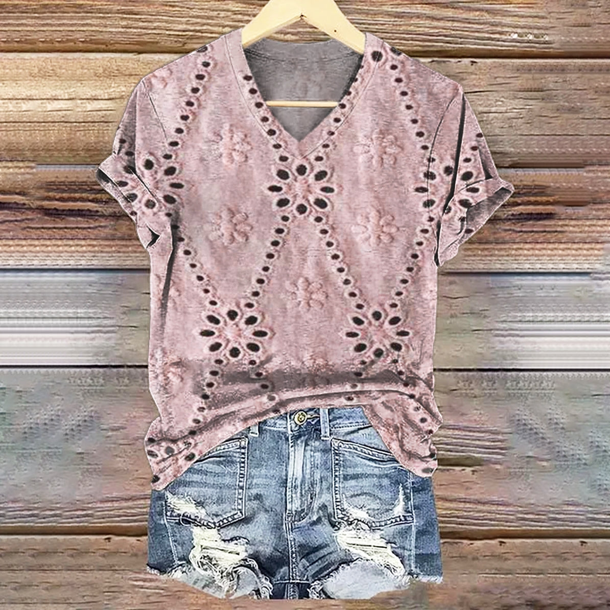 Women's Floral Texture Art Print V-neck Casual T-Shirt