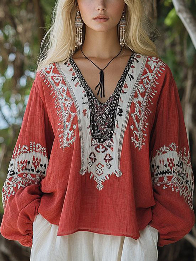 Comstylish Vintage Bohemian Patterned Women's Linen Shirt
