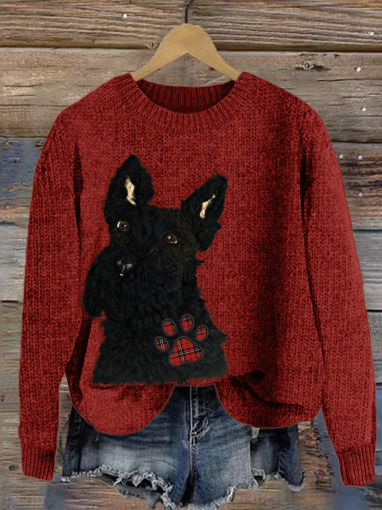 Comstylish Scottish Terrier Dog Plush Plaid Paw Prints Cozy Sweater