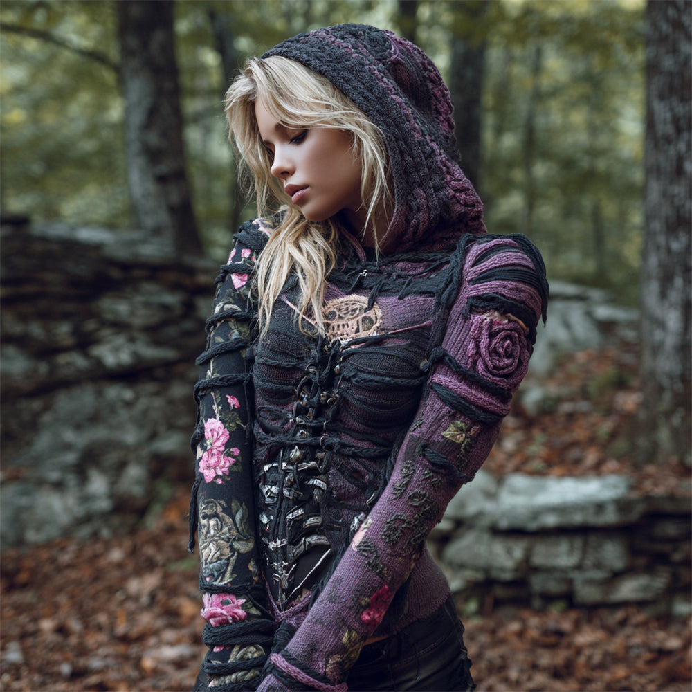 Halloween Floral Bandage Art Women's Hooded Knit Sweater artswardrobe