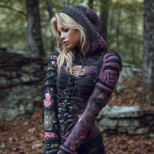 Halloween Floral Bandage Art Women's Hooded Knit Sweater artswardrobe