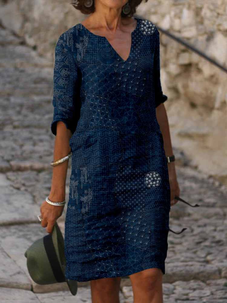 Japanese Traditional Sashiko Art Notch Neck Midi Dress