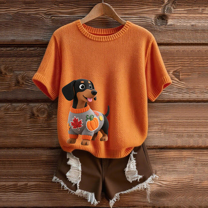Vintage Dachshund  With Felt In Autumn Inspired Embroidered Short Sleeve Cozy Knit Sweater elevenforest