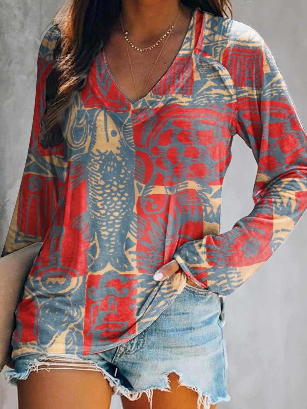 Women's Bohemian Ethnic Collage Art Pattern Print Casual V-neck Long S