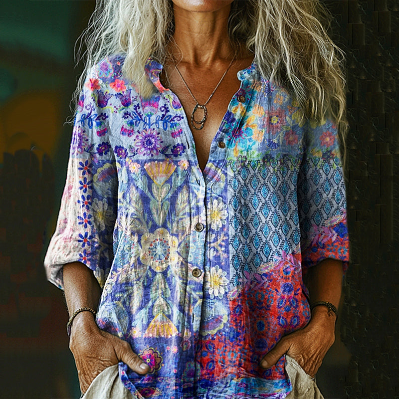 Comstylish Women's Bohemian Floral Patchwork Casual Cotton And Linen Shirt