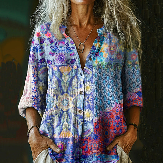Women's Bohemian Floral Patchwork Casual Cotton And Linen Shirt artswardrobe
