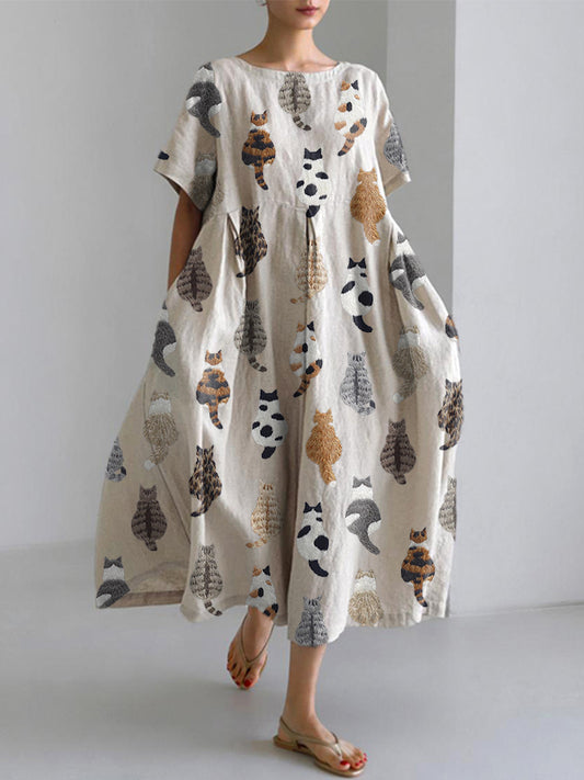 Cute Cats Embroidery Pattern Linen Blend Dress elevenforest