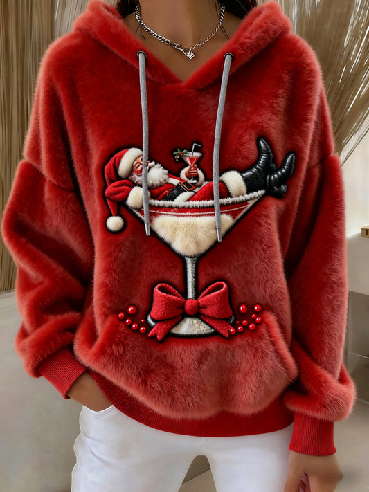 Christmas Santa Wine Glass Art Women's Cozy Plush Hooded Sweater