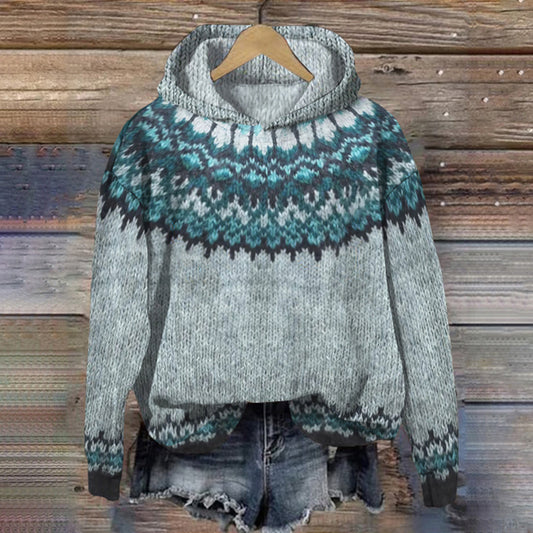 Vintage Fairman Island Print Long Sleeve Hooded Sweater elevenforest