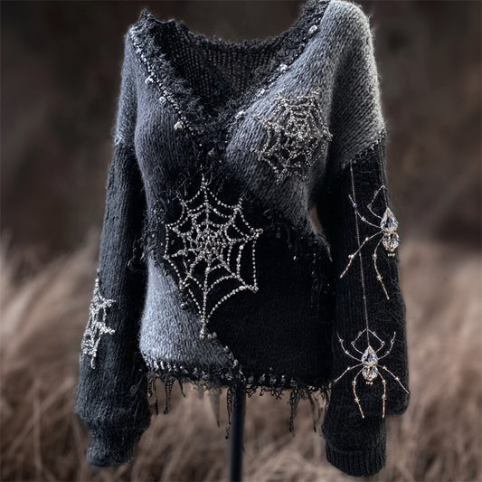 Halloween Spider & Spiderweb Diamonds Beaded Cozy Knit Sweater artswardrobe