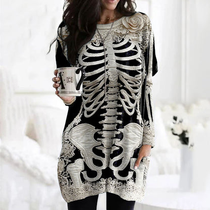Women's Halloween Skeleton Bones With Rose Art Cozy Knit Turtleneck Mini Sweater Dress artswardrobe