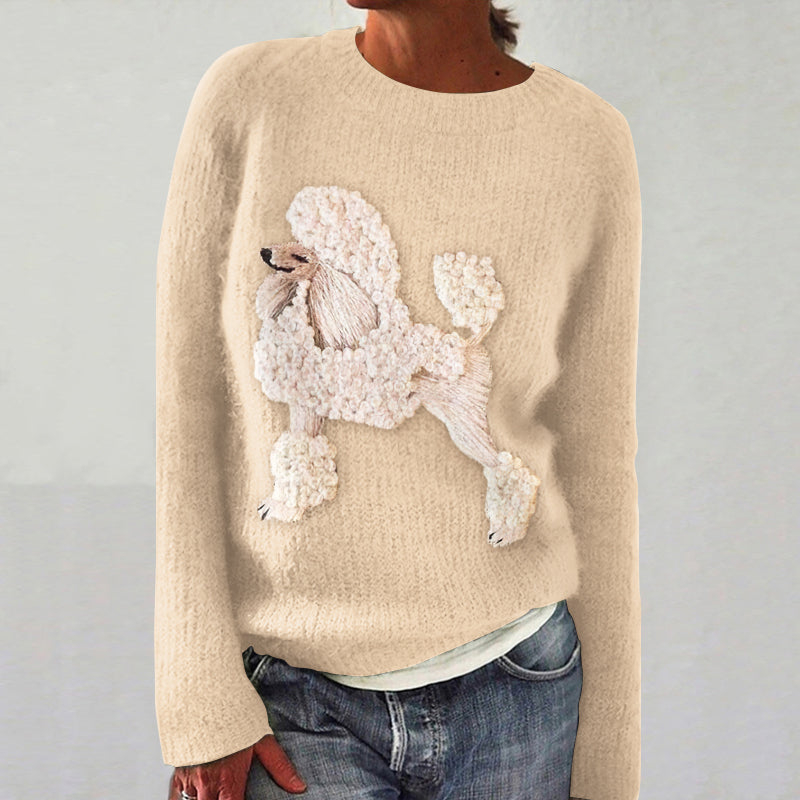 Comstylish White Poodle Embroidery Dog Art Cozy Sweater