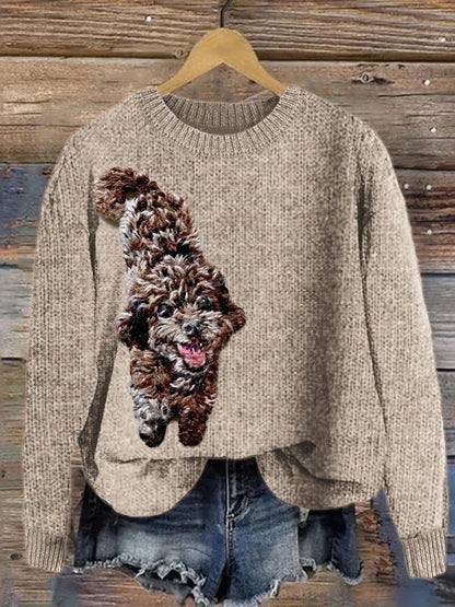 Comstylish Lovely Chocolate Poodle Dog Embroidered Cozy Sweater