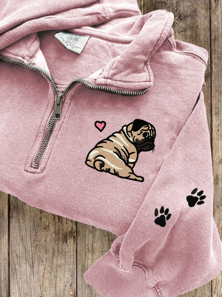 Comstylish Lovely Pug Dog Paw Prints Embroidered Zip Up Sweatshirt