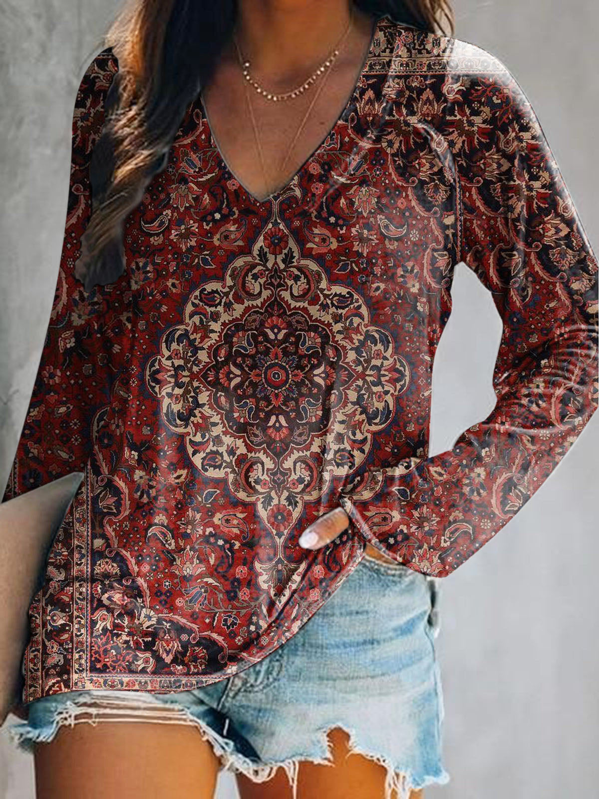 Women's Ethnic Tattoo Art Print V-Neck Long Sleeve Top